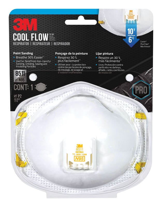3M 8511PA1-A-PS N95 Paint Sanding Cup Disposable Respirator Pro-Series Valved White One Size Fits All 1 pc