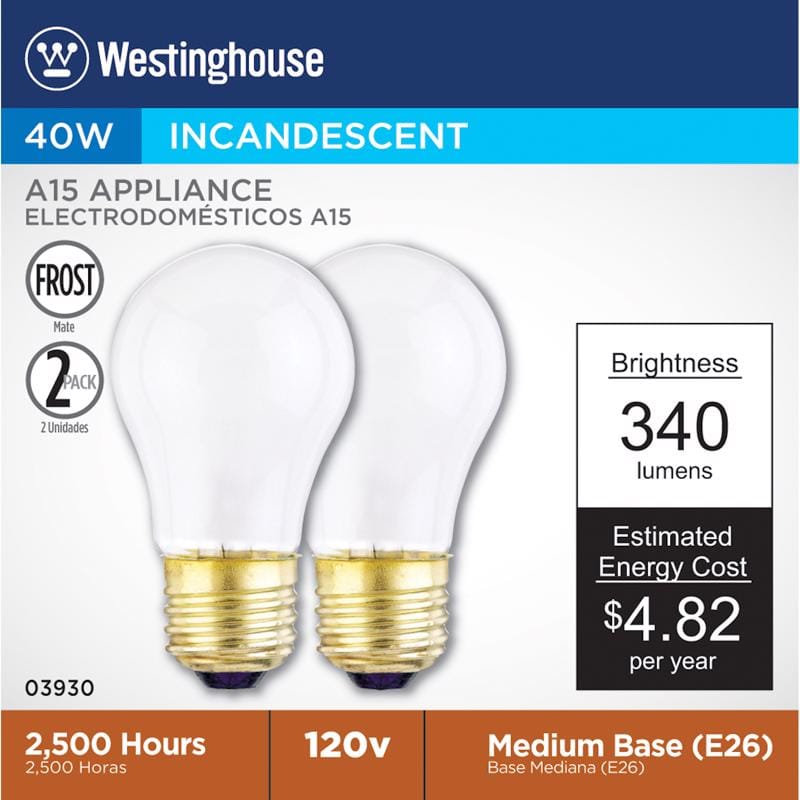 Westinghouse 0393000 Appliance 40 W A15 A-Line Incandescent Bulb E26 (Medium) White 2 pk