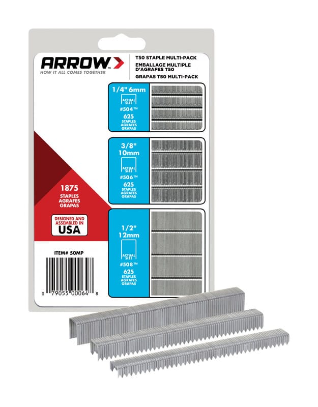 Arrow 50MP T50 3/8 in. W 18 Ga. Flat Crown Heavy Duty Staple Assortment 1875 pk