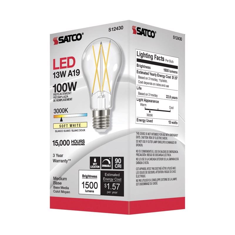Satco S12430 A19 E26 (Medium) Filament LED Bulb Soft White 100 Watt Equivalence 1 pk