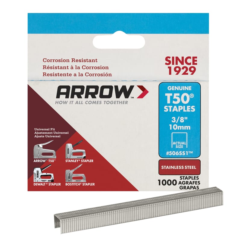 Arrow 506SS1 T50 3/8 in. W X 3/8 in. L 18 Ga. Flat Crown Heavy Duty Staples 1000 pk