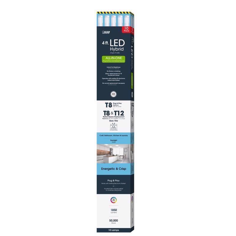 Feit T4815850ABLED10 T8 and T12 Daylight 48 in. G13 Linear Plug and Play/Ballast Bypass LED 32 Watt Equivalence 10 p