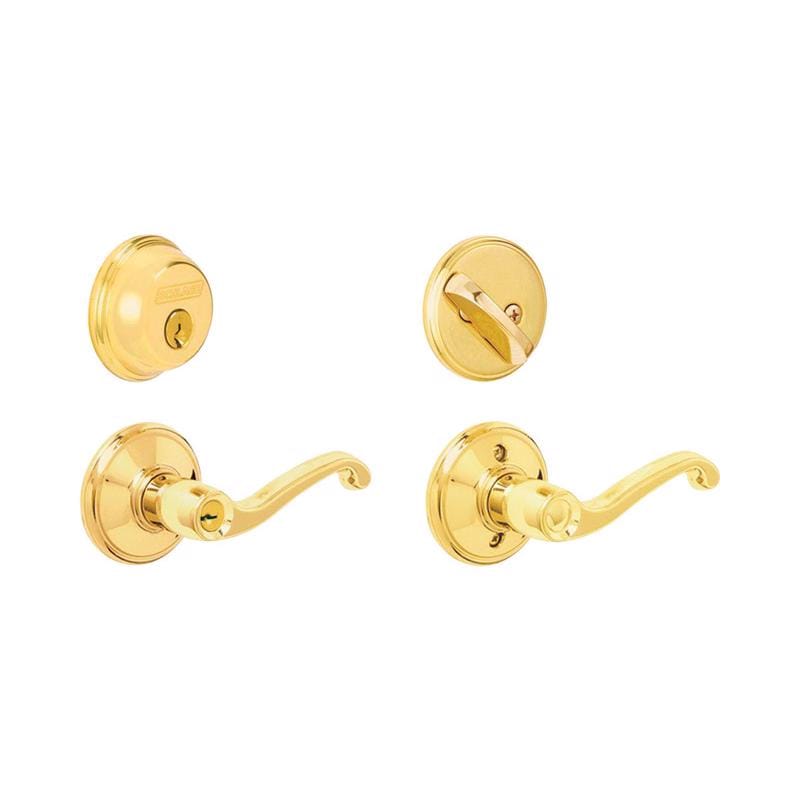 Schlage FB50NVFLA505 Flair Bright Brass Deadbolt and Entry Door Knob 1-3/4 in.