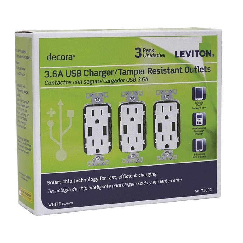 Leviton T5632-3BW Decora 15 amps 125 V Duplex White Outlet and USB Charger 5-15R 3 pk