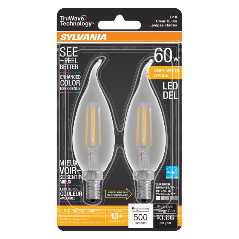 Sylvania 40757 Truwave B10 E12 (Candelabra) LED Bulb Soft White 60 Watt Equivalence 2 pk