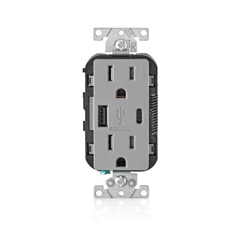 Leviton T5633-GY Decora 15 amps 125 V Type A/C Duplex Gray Outlet and USB Charger 5-15R 1 pk
