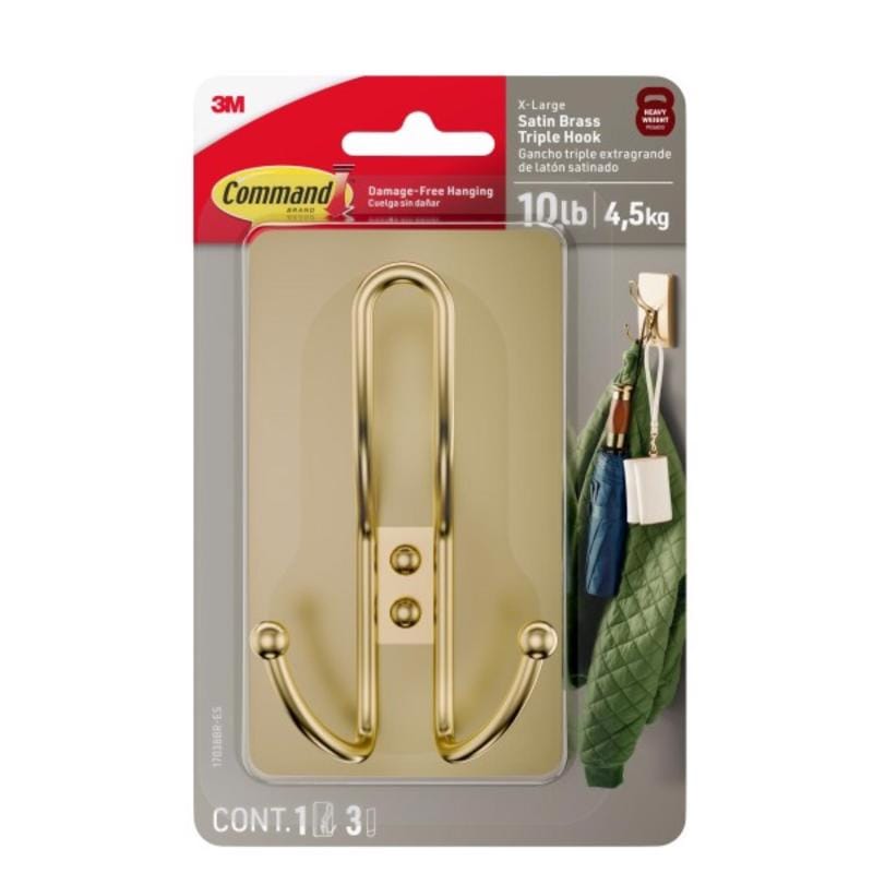 3M 17038BR-ES Satin Brass Plastic Triple Hook 1 pk