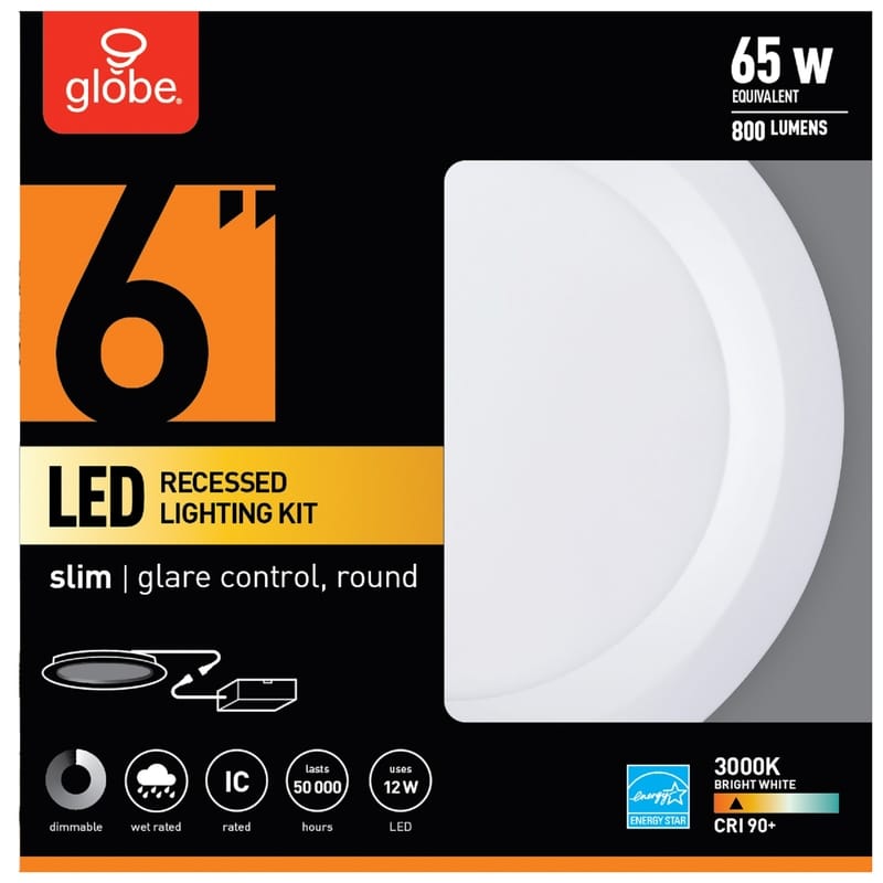 Globe Electric 91500 Ultra Slim Energy Star Frost White 6 in. W Metal LED Canless Recessed Downlight 12 W