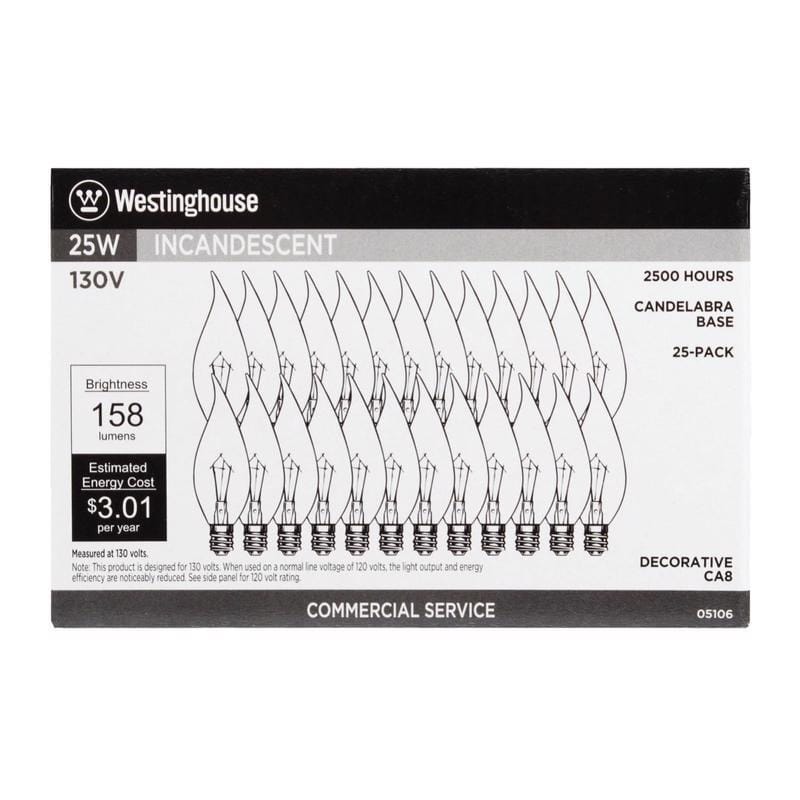 Westinghouse 0510600 25 W CA8 Decorative Incandescent Bulb E12 (Candelabra) Warm White 25 pk
