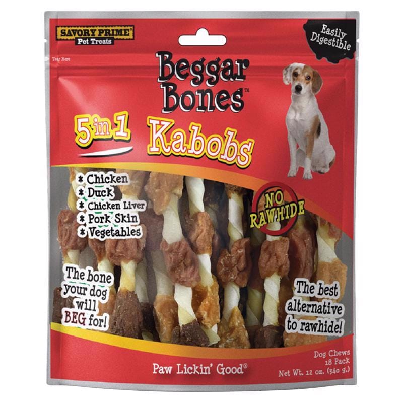 Savory Prime 364 Beggar Bones Kabobs 5-in-1 Flavor Grain Free Chews For Dogs 8 in. 18 pk