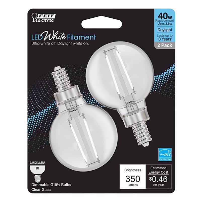 Feit BPG1640950WFIL2 White G16.5 E12 (Candelabra) Filament LED Bulb Daylight 40 Watt Equivalence 2 pk