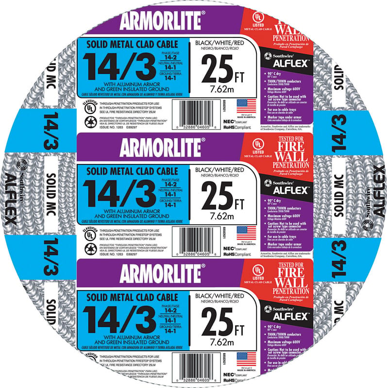 Southwire 68582621 Armorlite 25 ft. 14/3 Solid Aluminum Armored MC Cable