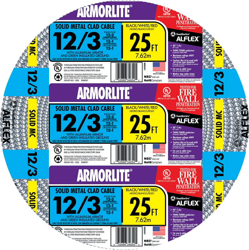Southwire 68583421 Armorlite 25 ft. 12/3 Solid Aluminum Armored MC Cable