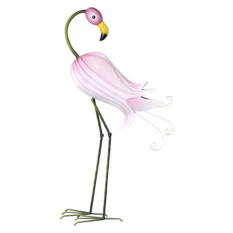 Alpine QEL676HH Iron Pink 33 in. Hibiscus Flamingo Statue