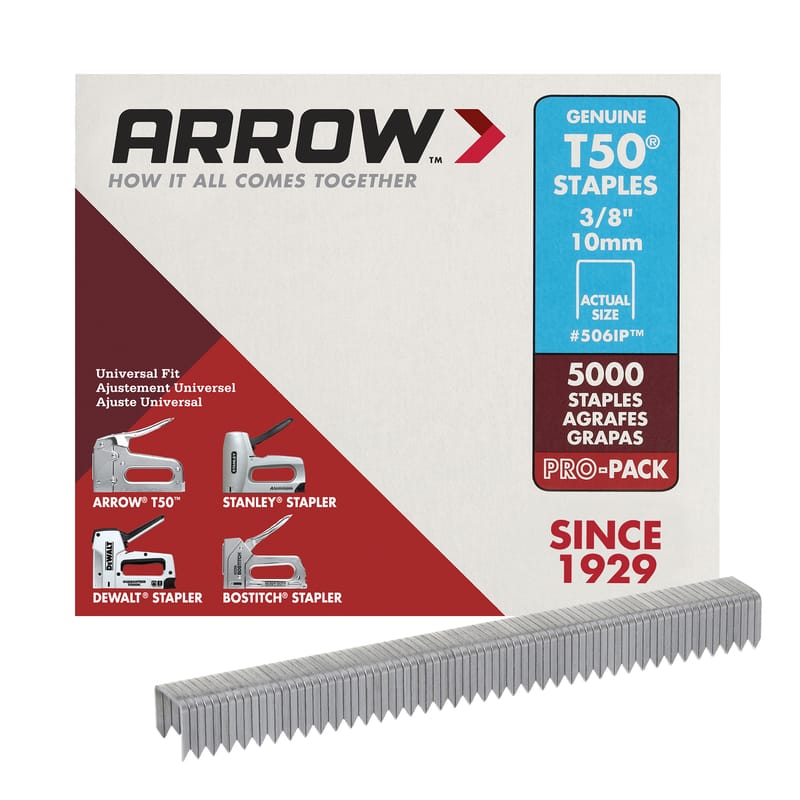 Arrow 506IP T50 3/8 in. W X 3/8 in. L 18 Ga. Flat Crown Heavy Duty Staples 5000 pk