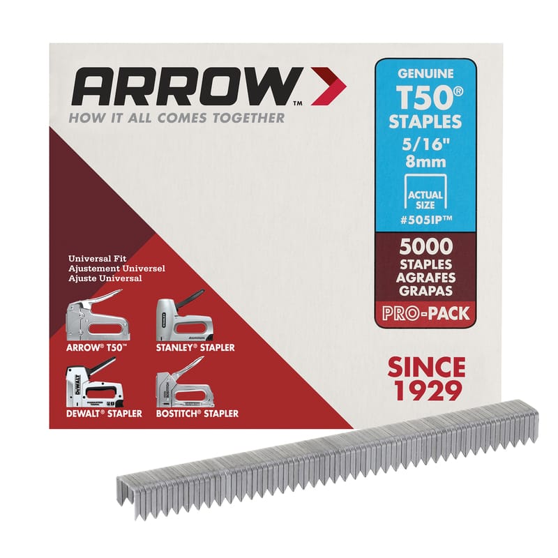 Arrow 505IP T50 3/8 in. W X 5/16 in. L 18 Ga. Flat Crown Heavy Duty Staples 5000 pk