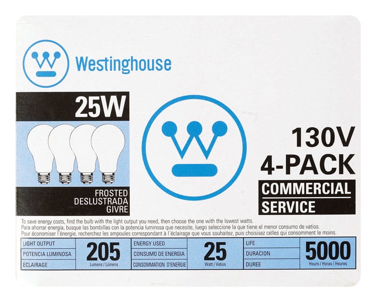 Westinghouse 0410000 25 W A19 A-Line Incandescent Bulb E26 (Medium) White 4 pk