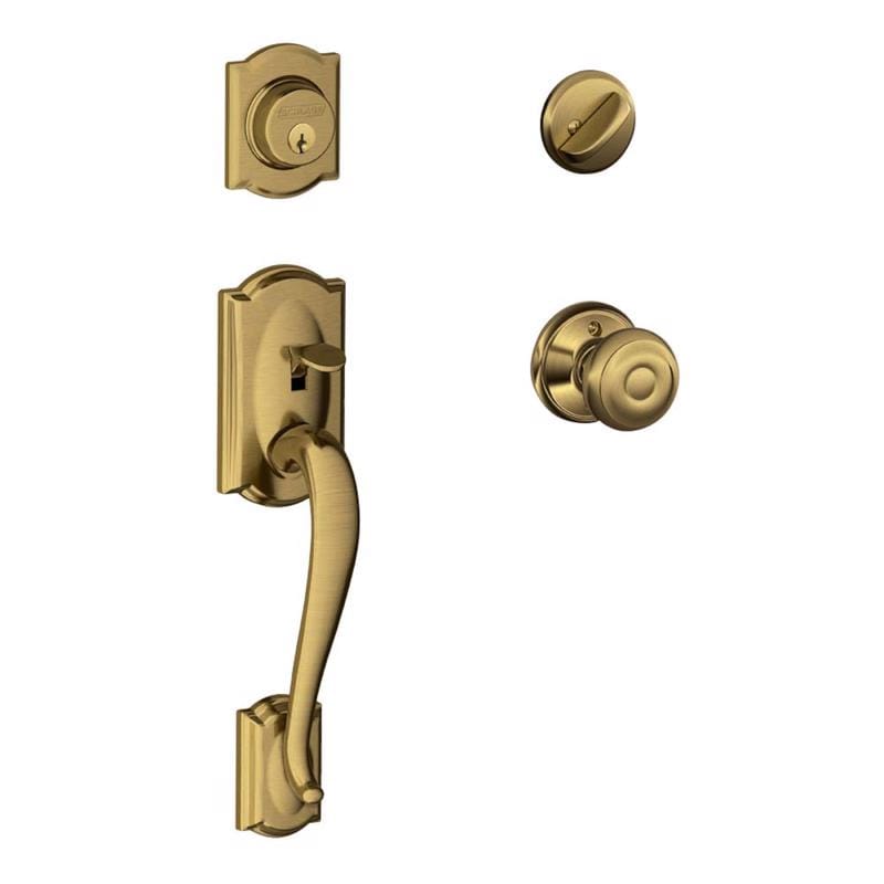 Schlage F60GCAM609GEO Camelot, Accent Antique Brass Entry Handleset 1-3/4 in.