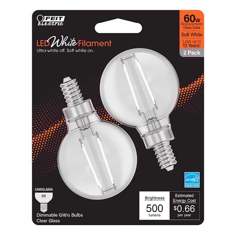 Feit BPG1660927WFIL2 White G16.5 E12 (Candelabra) Filament LED Bulb Soft White 60 Watt Equivalence 2 pk