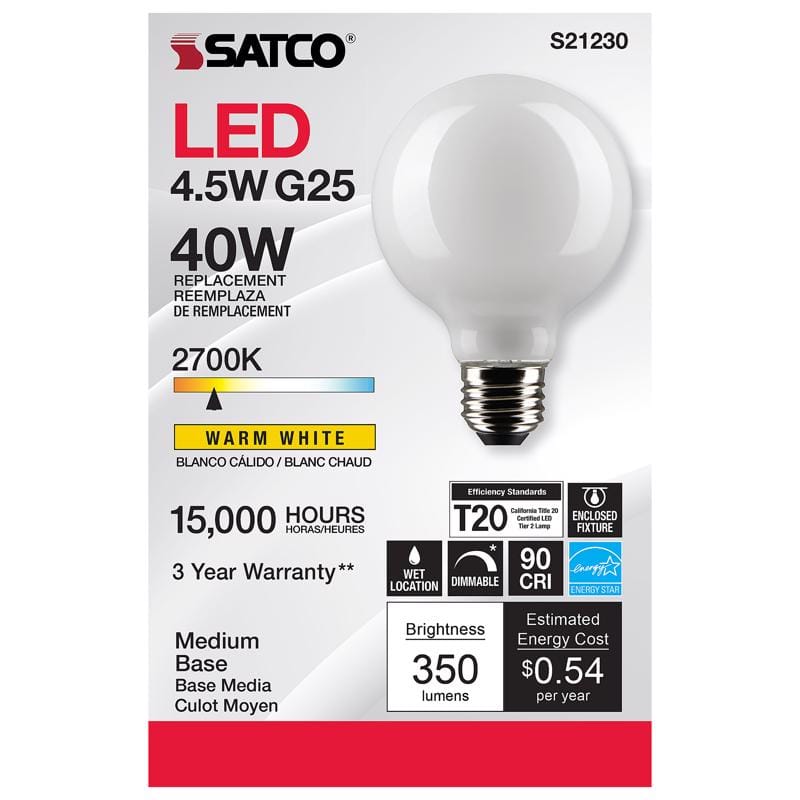 Satco S21230 G25 E26 (Medium) Filament LED Bulb Warm White 40 Watt Equivalence 1 pk