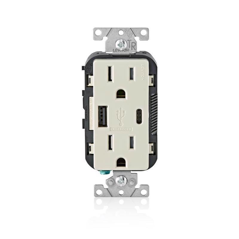 Leviton T5633-T Decora 15 amps 125 V Type A/C Duplex Light Almond Outlet and USB Charger 5-15R 1 pk
