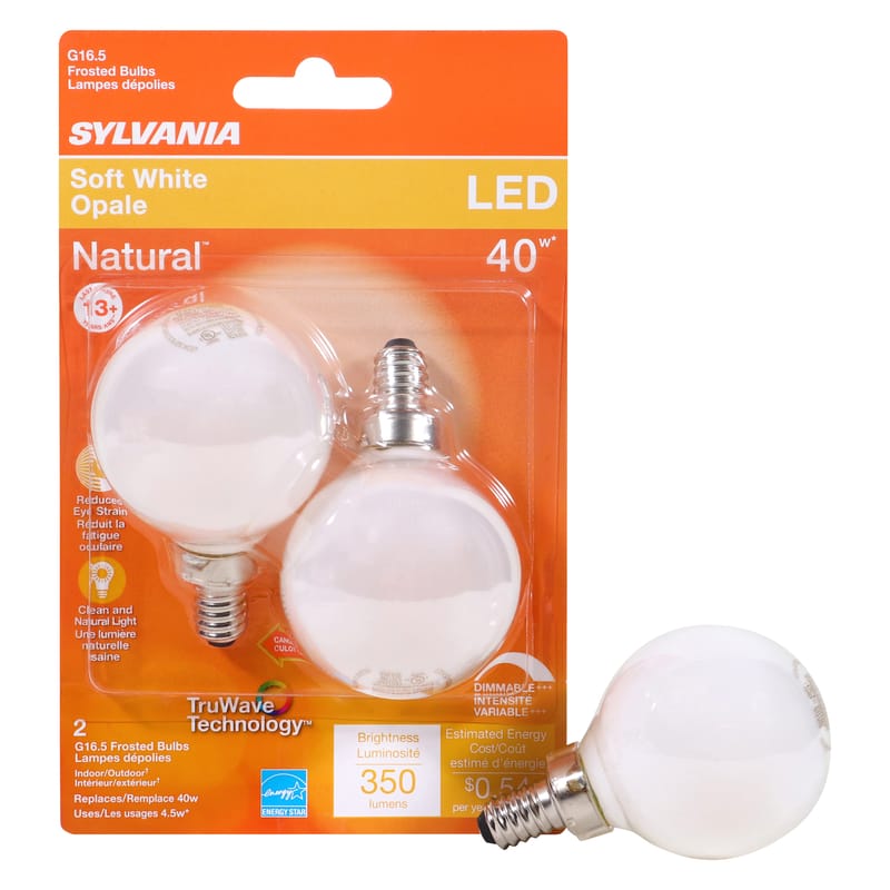 Sylvania 40797 Natural G16.5 E12 (Candelabra) LED Bulb Soft White 40 Watt Equivalence 2 pk