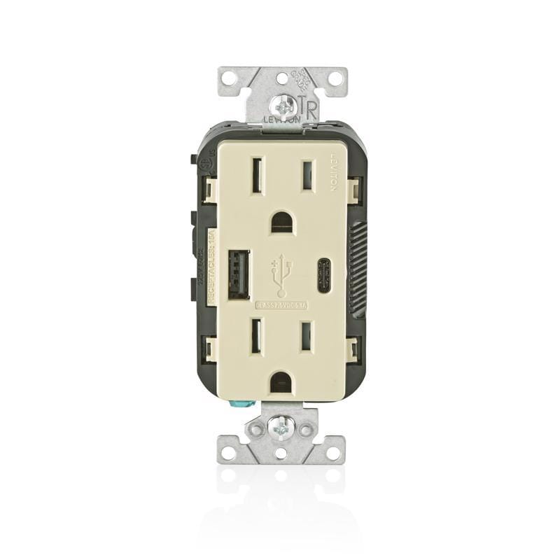 Leviton T5633-I Decora 15 amps 125 V Type A/C Duplex Ivory Outlet and USB Charger 5-15R 1 pk