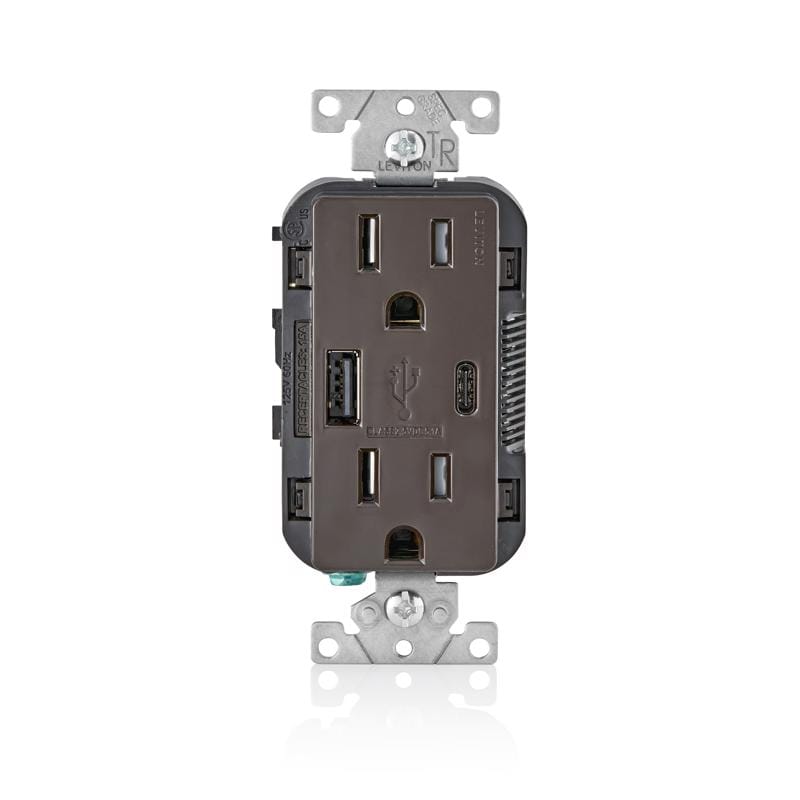 Leviton T5633-B Decora 15 amps 125 V Type A/C Duplex Brown Outlet and USB Charger 5-15R 1 pk