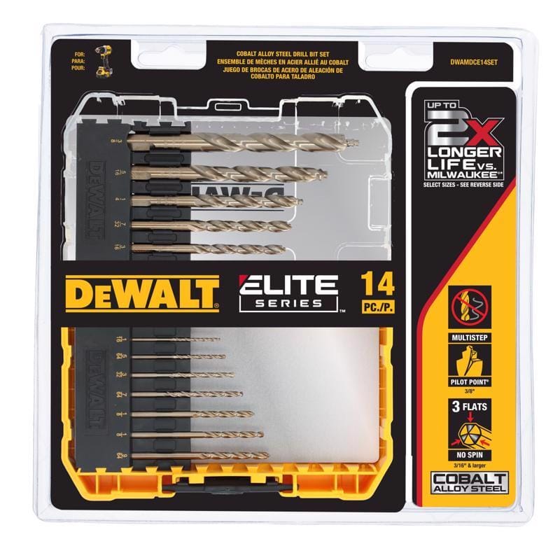 Dewalt DWAMDCE14SET ELITE SERIES Assorted Cobalt Drill Bit Set Round Shank 14 pc