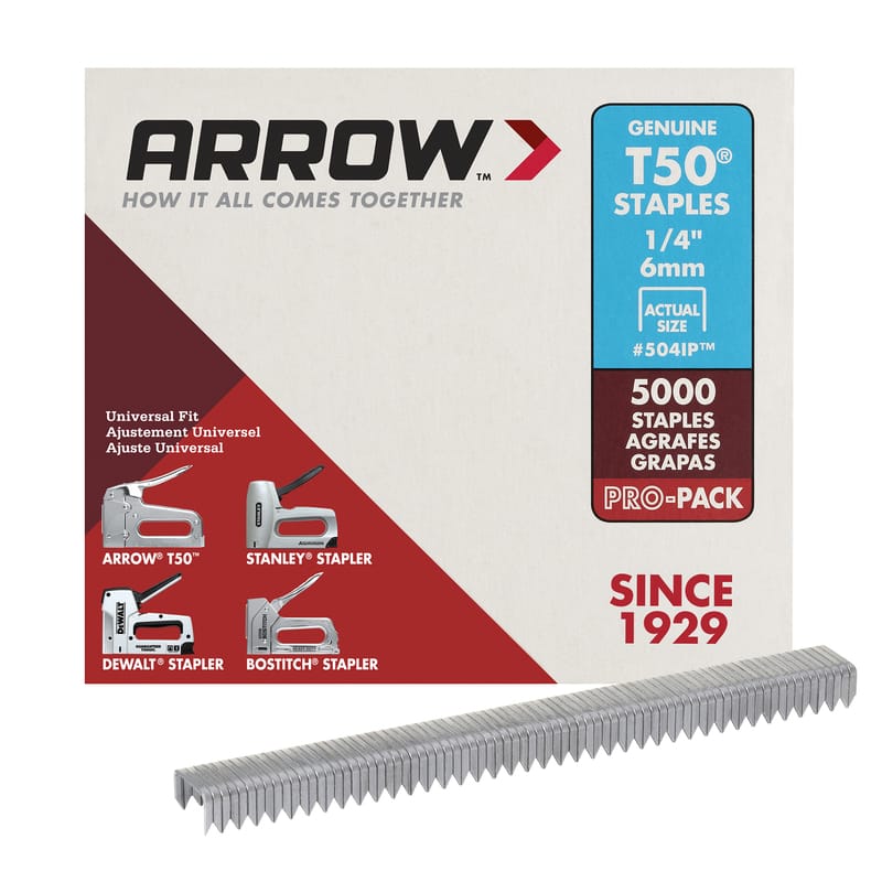 Arrow 504IP T50 3/8 in. W X 1/4 in. L 18 Ga. Flat Crown Heavy Duty Staples 5000 pk