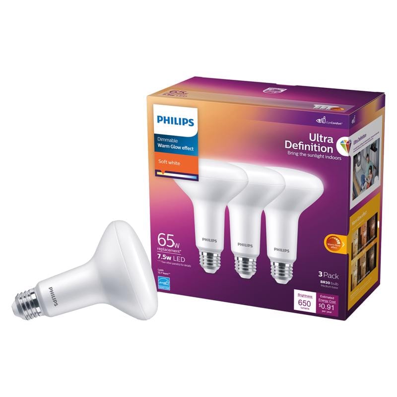 Philips 576769 BR30 E26 (Medium) LED Floodlight Bulb Soft White 65 Watt Equivalence 3 pk