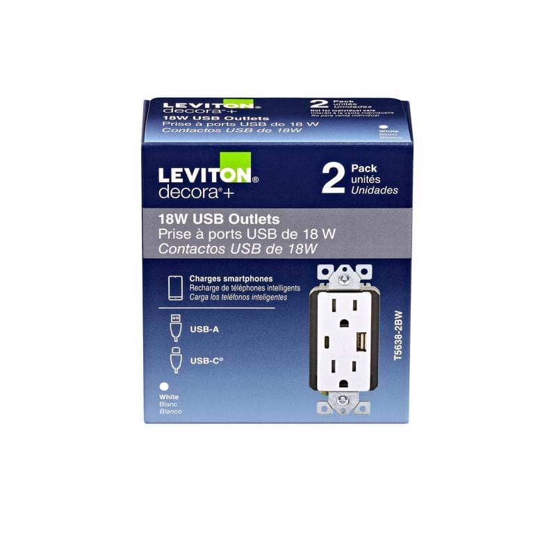 Leviton T5638-2BW 15 amps 125 V Type A/C Duplex White Outlet and USB Charger 5-15R 1 pk