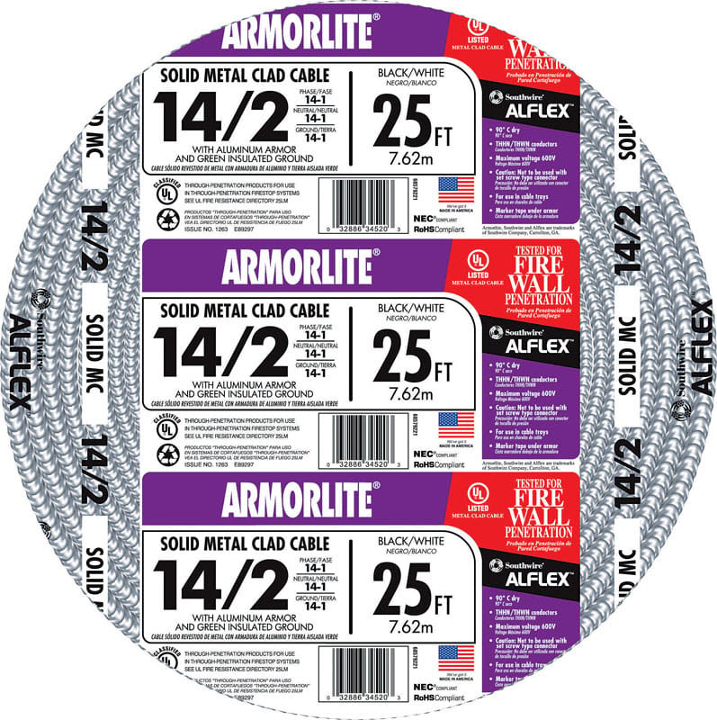 Southwire 68579221 25 ft. 14/2 Solid Aluminum Armored MC Cable