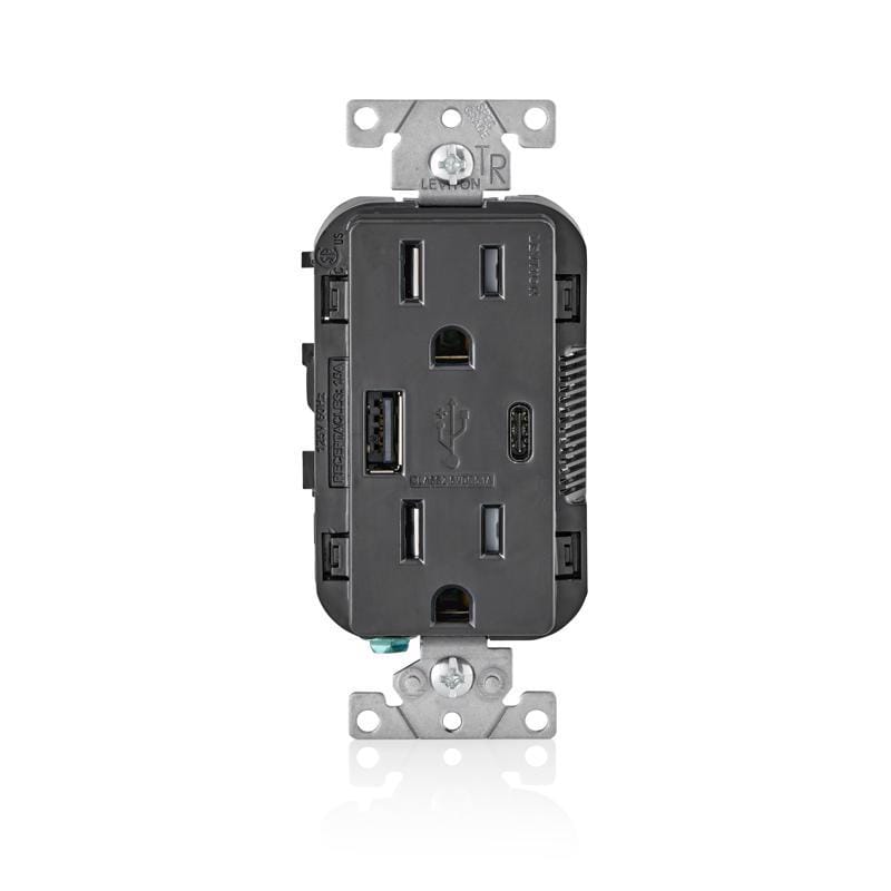 Leviton T5633-E Decora 15 amps 125 V Type A/C Duplex Black Outlet and USB Charger 5-15R 1 pk