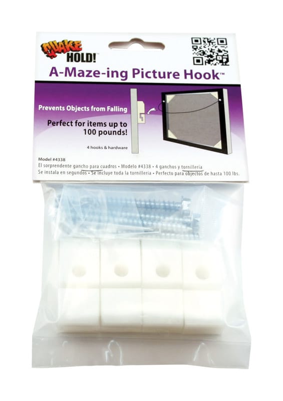 Quake Hold 4338 Ready America Plastic Coated White Safety Picture Hook 100 lb 4 pk