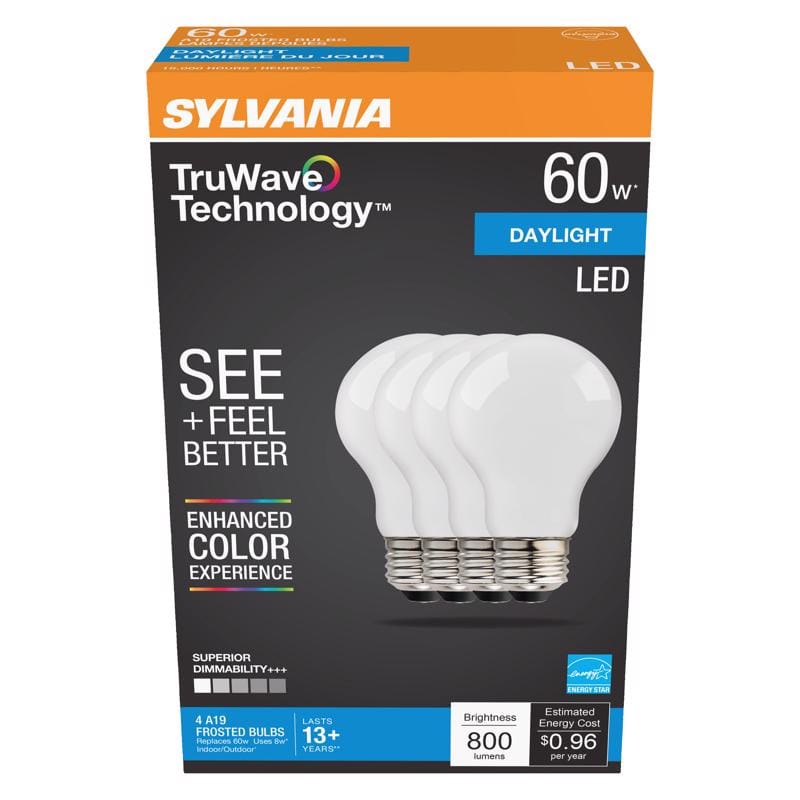 Sylvania 40672 TruWave A19 E26 (Medium) LED Bulb Daylight 60 Watt Equivalence 4 pk