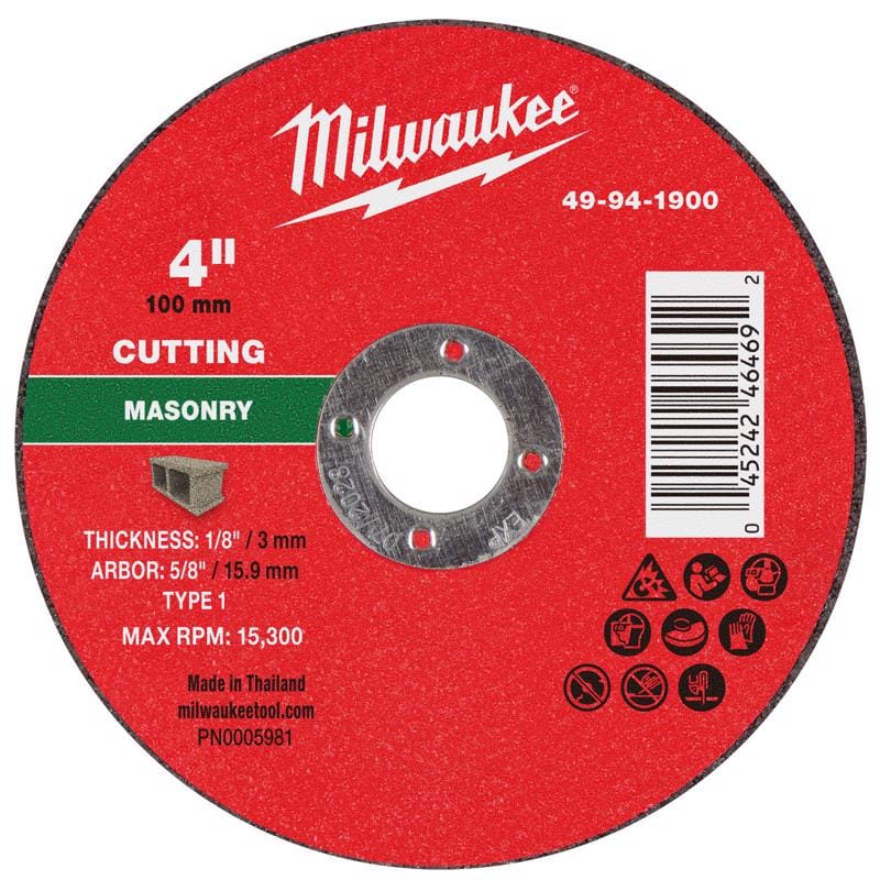 Milwaukee Tool 49-94-1900 Milwaukee 4 in. D X 5/8 in. X 1/8 in. thick Masonry Cut-Off Wheel 1 pc