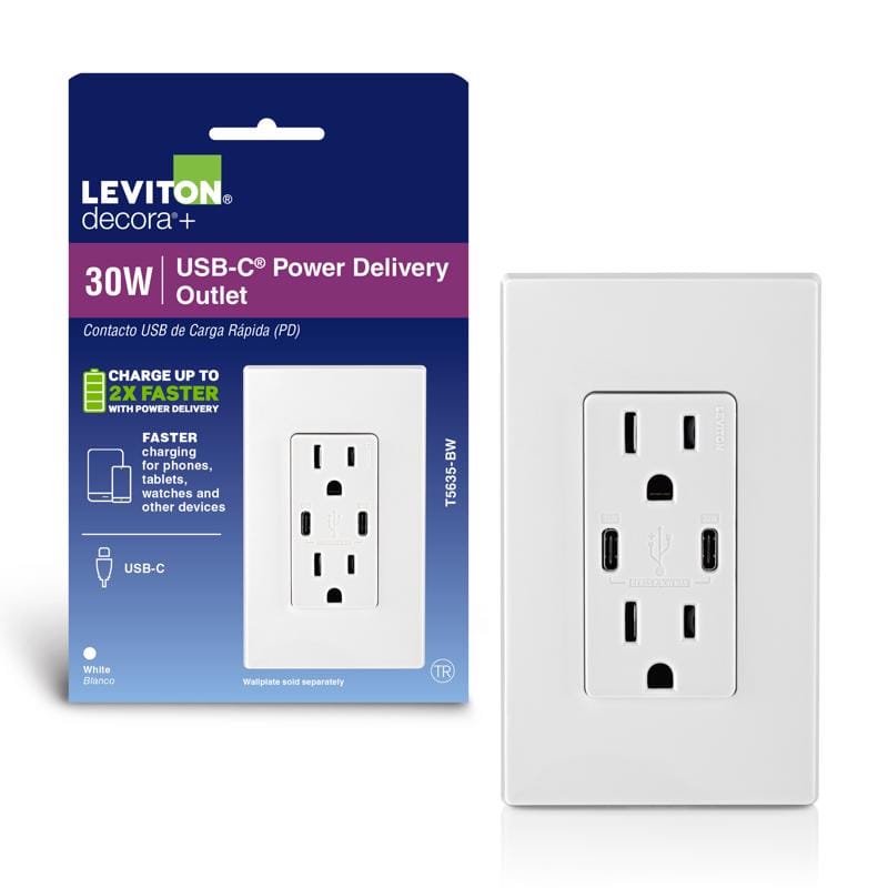 Leviton T5635-0BW Decora 15 amps 125 V Duplex and Type C White Outlet and USB Charger 5-15R 1 pk