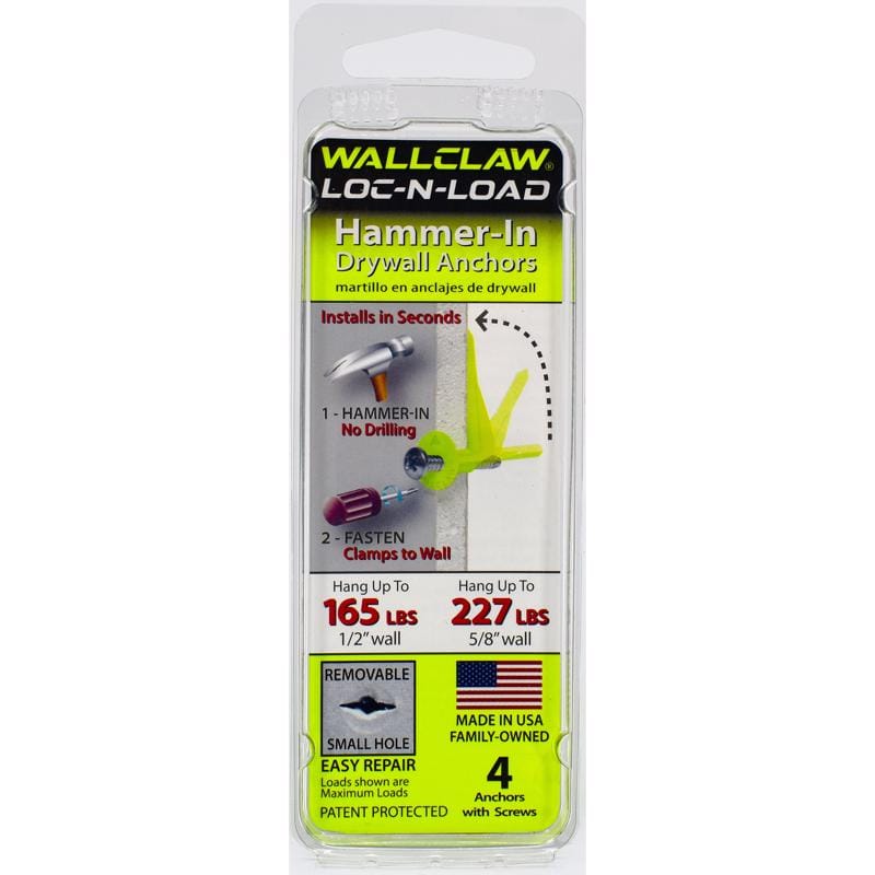 Wallclaw Anchors PCK-WC4-YS LOC-N-LOAD .25 in. D X 2 in. L Plastic/Steel Pan Head Wallboard Anchors 4 pk