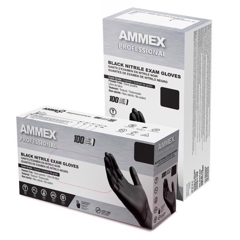 Ammex ABNPF48100 Professional Nitrile Disposable Exam Gloves X-Large Black Powder Free 100 pk