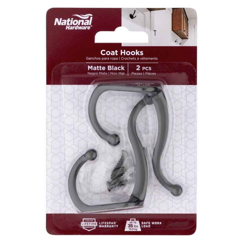 National Hardware N830-598 Medium Matte Black Steel 6.69 in. L Coat/Hat Hook 35 lb 2 pk