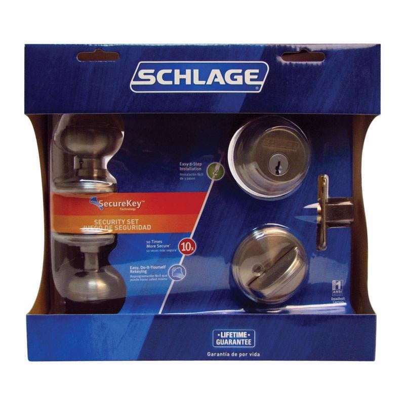 Schlage FB50NVGEO619 Georgian Satin Nickel Deadbolt and Entry Door Knob 1-3/4 in.