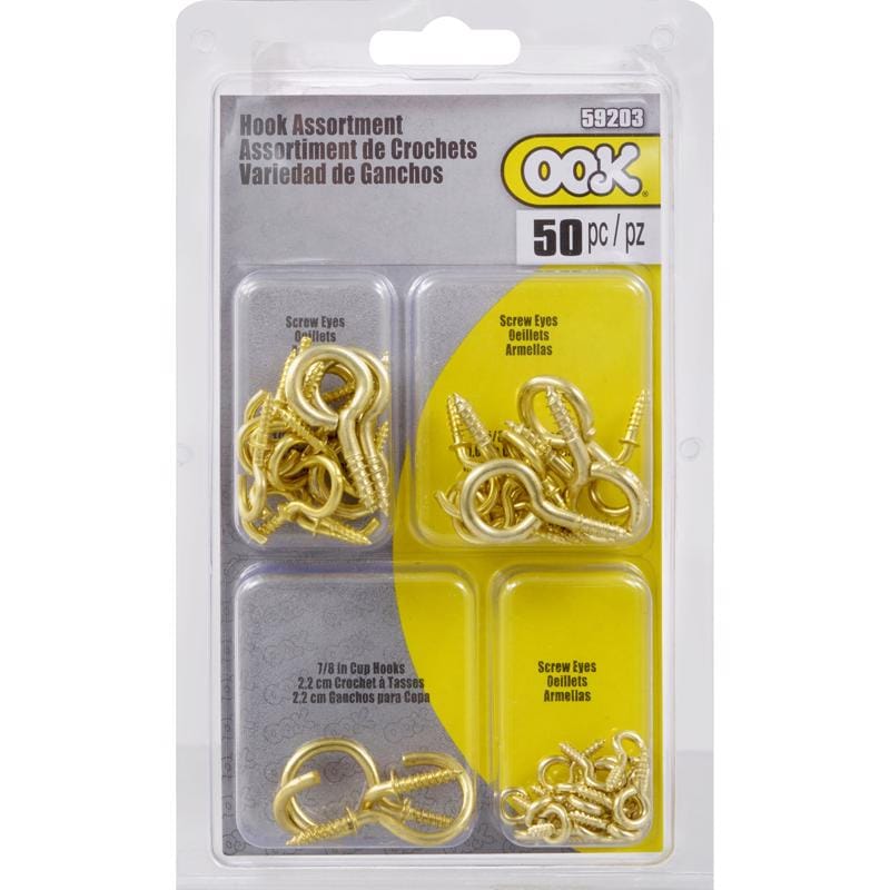 Hillman 535654 OOK Brass-Plated Gold Screw Eye and Cup Hook Kit 50 pk