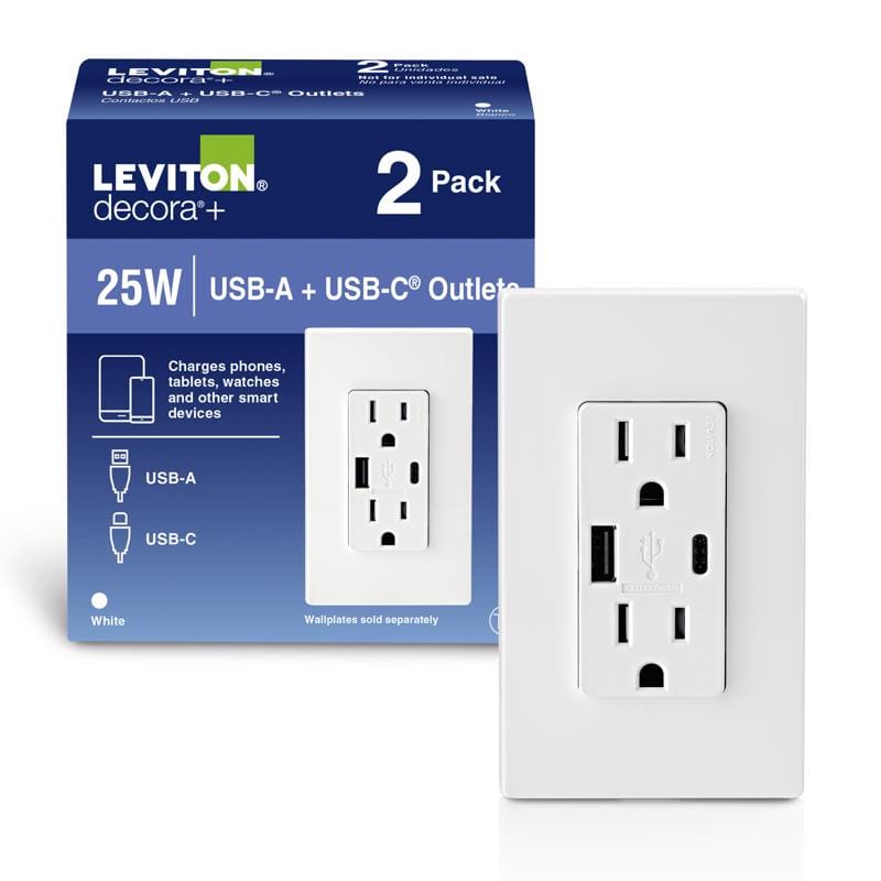Leviton T5633-2BW Decora 15 amps Type A/C Duplex White Outlet and USB Charger 5-15R 2 pk