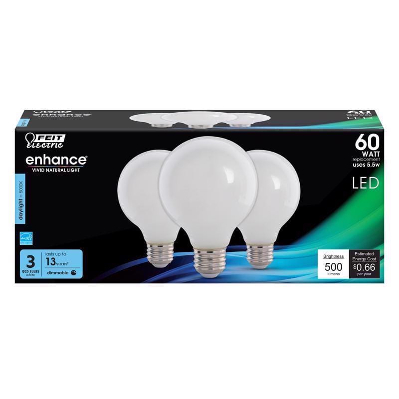 Feit G2560W950CAFL3R Enhance G25 E26 (Medium) Filament LED Bulb Daylight 60 Watt Equivalence 3 pk