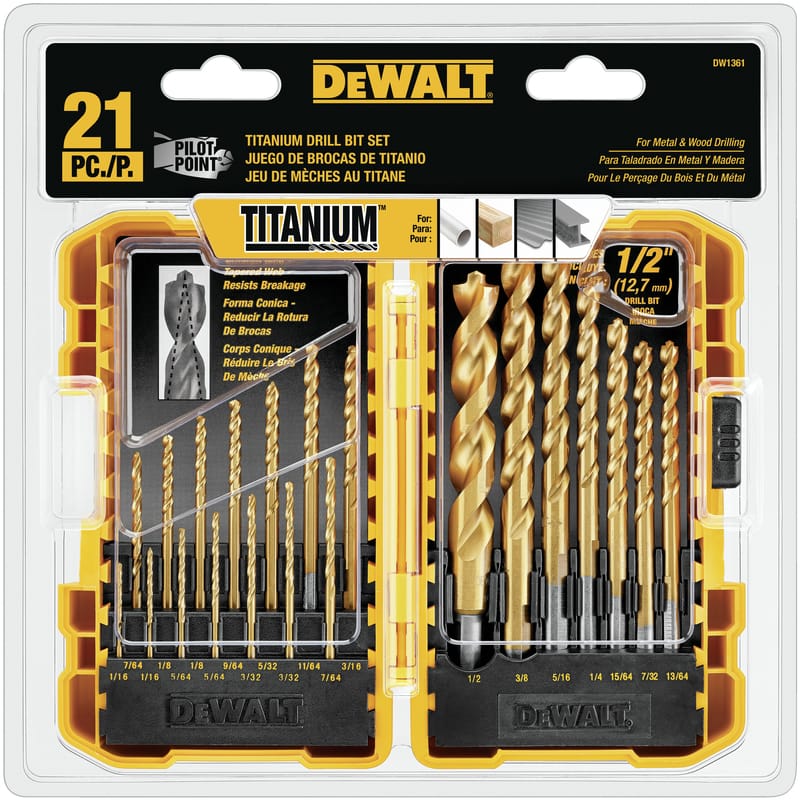 Dewalt DW1361 Assorted Titanium Pilot Point Drill Bit Set Round Shank 21 pc