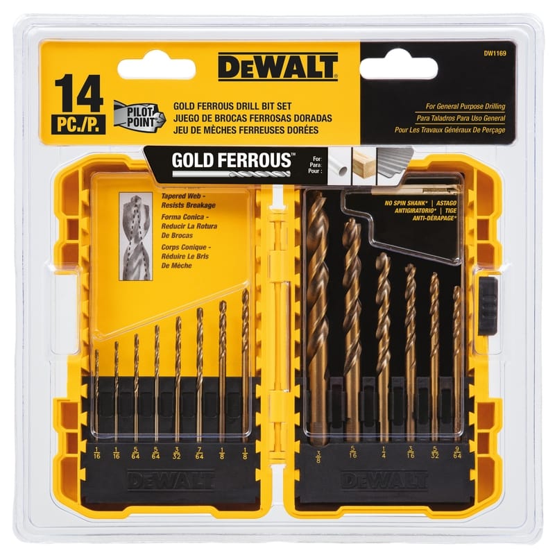 Dewalt DW1169 Assorted High Speed Steel Pilot Point Drill Bit Set Straight Shank 14 pc