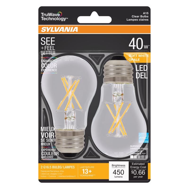 Sylvania 40761 TruWave A15 E26 (Medium) LED Bulb Soft White 40 Watt Equivalence 2 pk