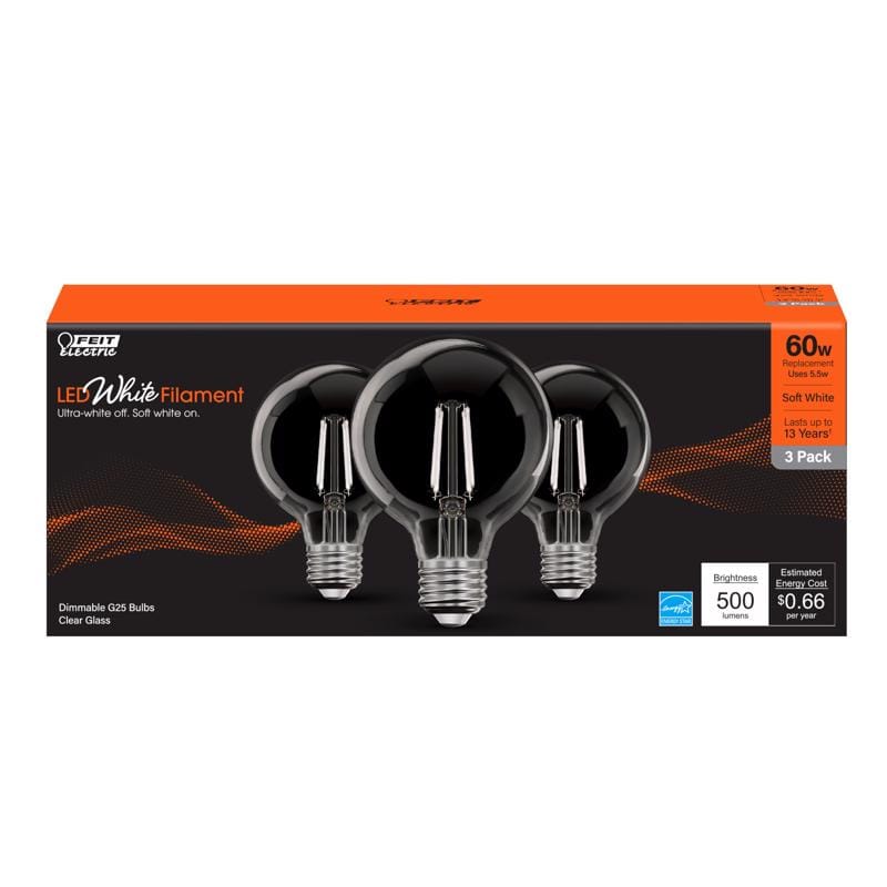 Feit G2560927CAWFIL3 White G25 E26 (Medium) Filament LED Bulb Soft White 60 Watt Equivalence 3 pk