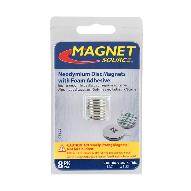 Magnet Source 07527 .06 in. L X .5 in. W Silver Disc Magnets with Adhesive 2.3 lb. pull 8 pc